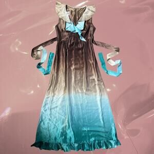 Vintage 1960s ombré satin ruffle maxi dress teal brown S